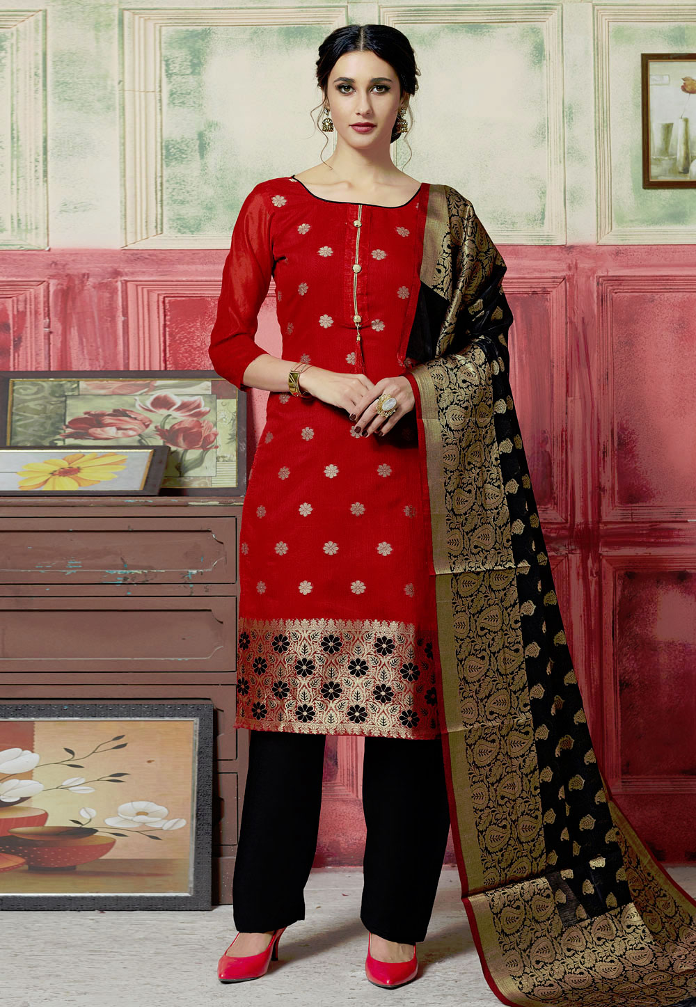 Red Jacquard Kameez With Pant 182110