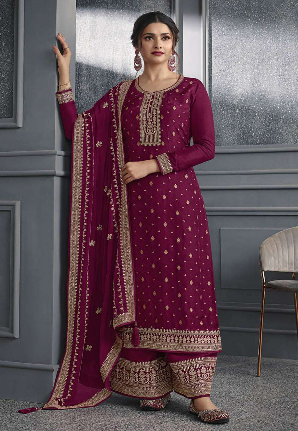 Prachi Desai Magenta Jacquard Pakistani Suit 264676