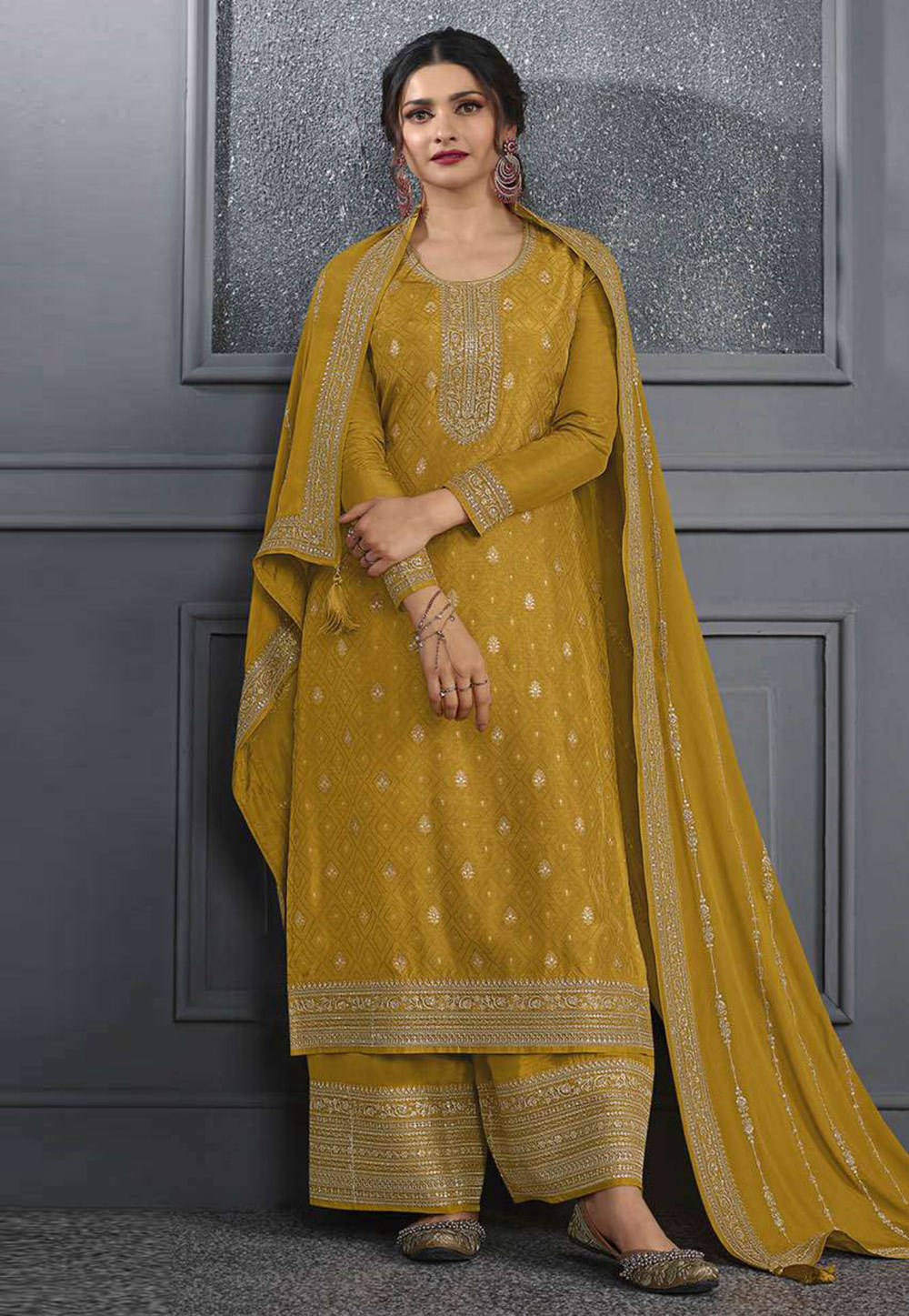 Prachi Desai Mustard Jacquard Palazzo Suit 264677