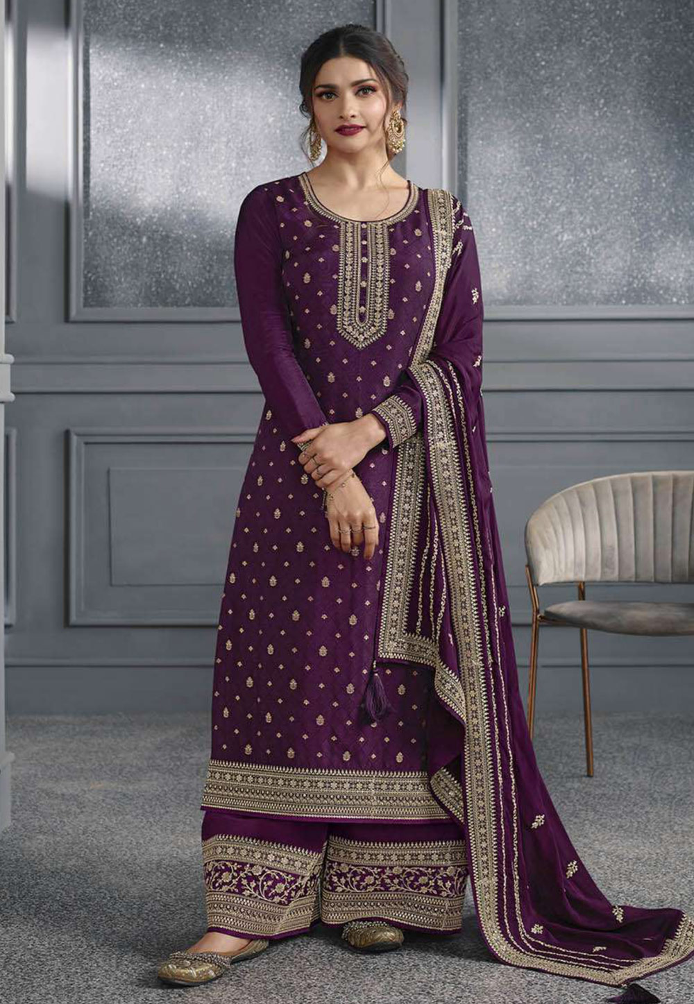 Prachi Desai Purple Jacquard Palazzo Suit 264679