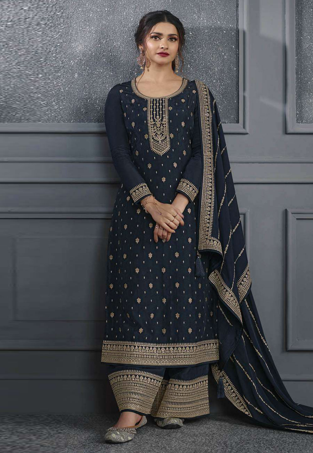 Prachi Desai Navy Blue Jacquard Pakistani Suit 264680