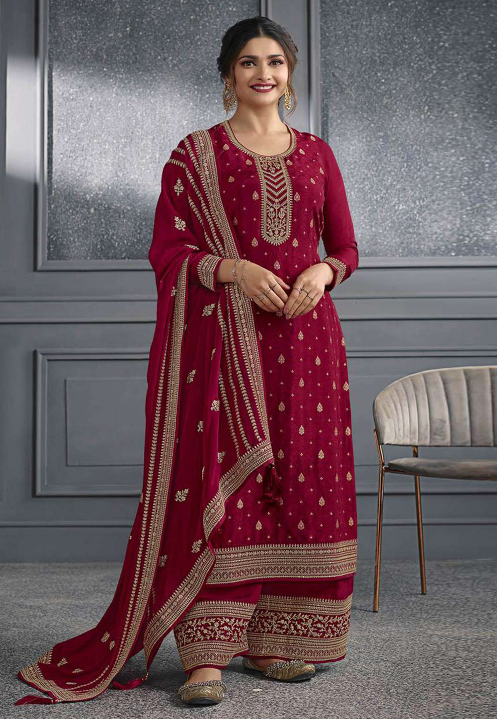 Prachi Desai Maroon Jacquard Palazzo Suit 264681