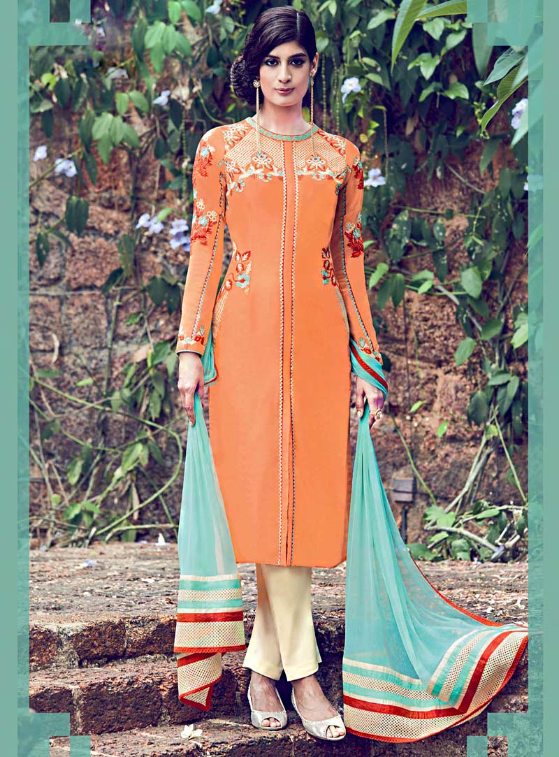 Orange Cotton Satin Pakistani Style Suit 71209
