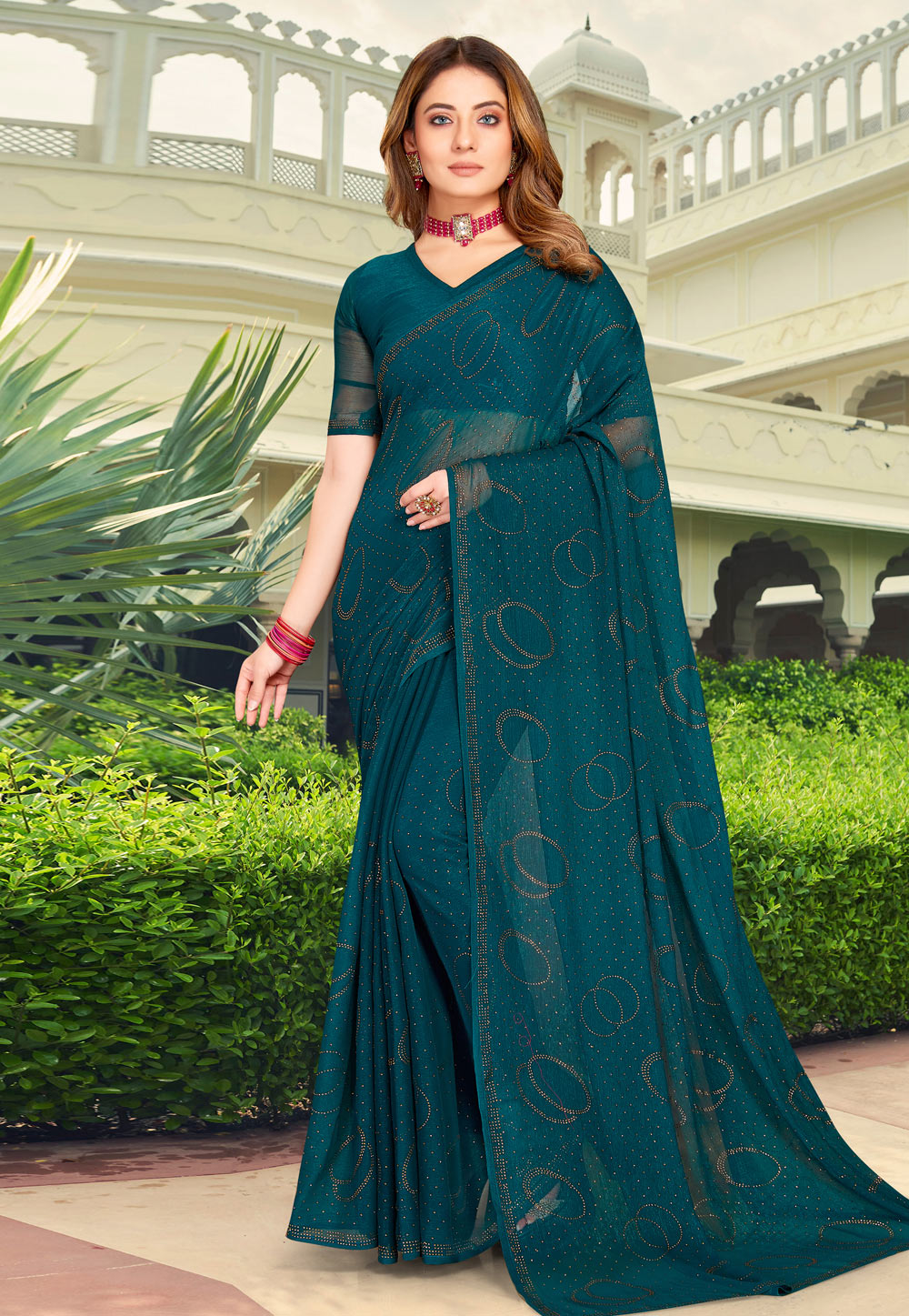 Teal Shimmer Chiffon Saree With Blouse 250317