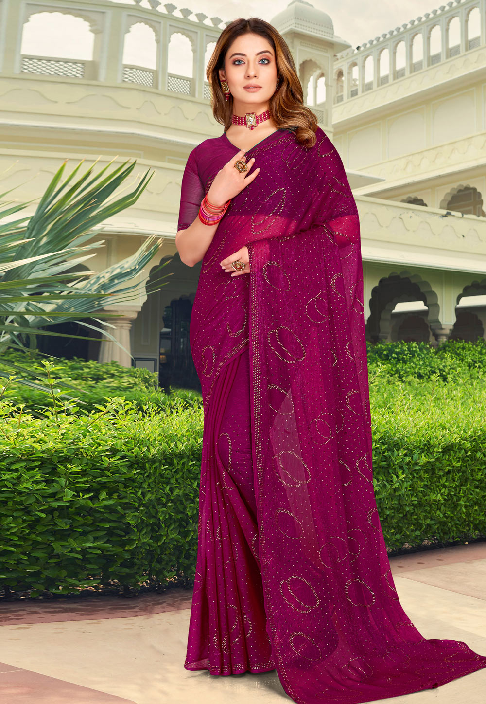 Magenta Shimmer Chiffon Saree With Blouse 250318