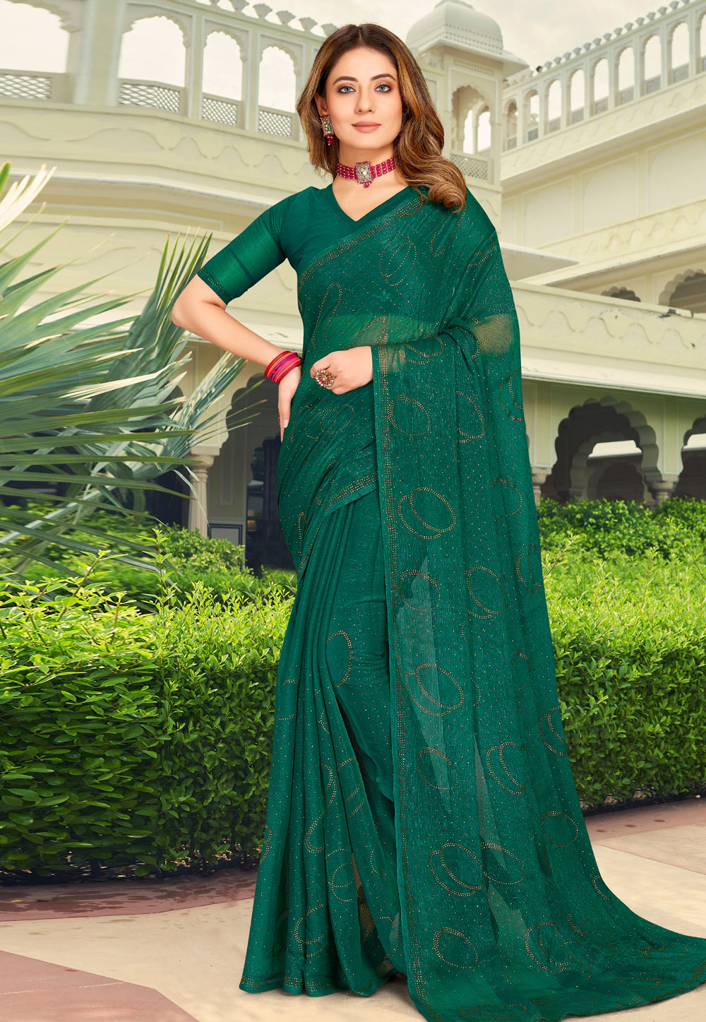 Green Shimmer Chiffon Saree With Blouse 250322