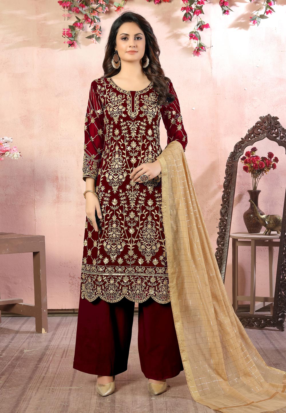 Maroon Faux Georgette Kameez With Palazzo 218697