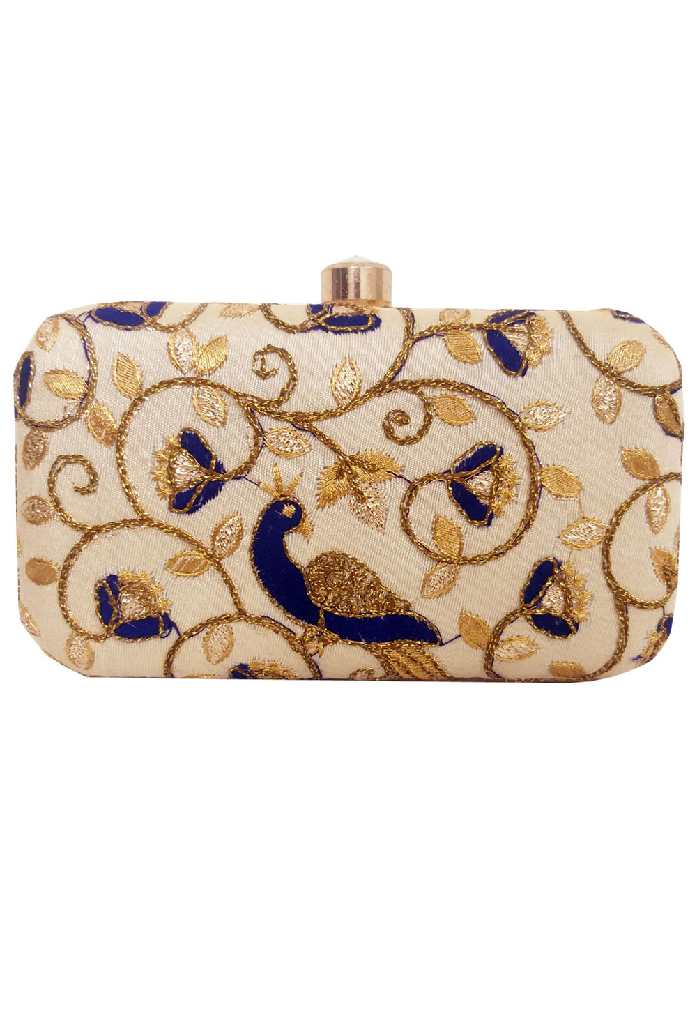 Beige Synthetic Embroidered Clutch 172619