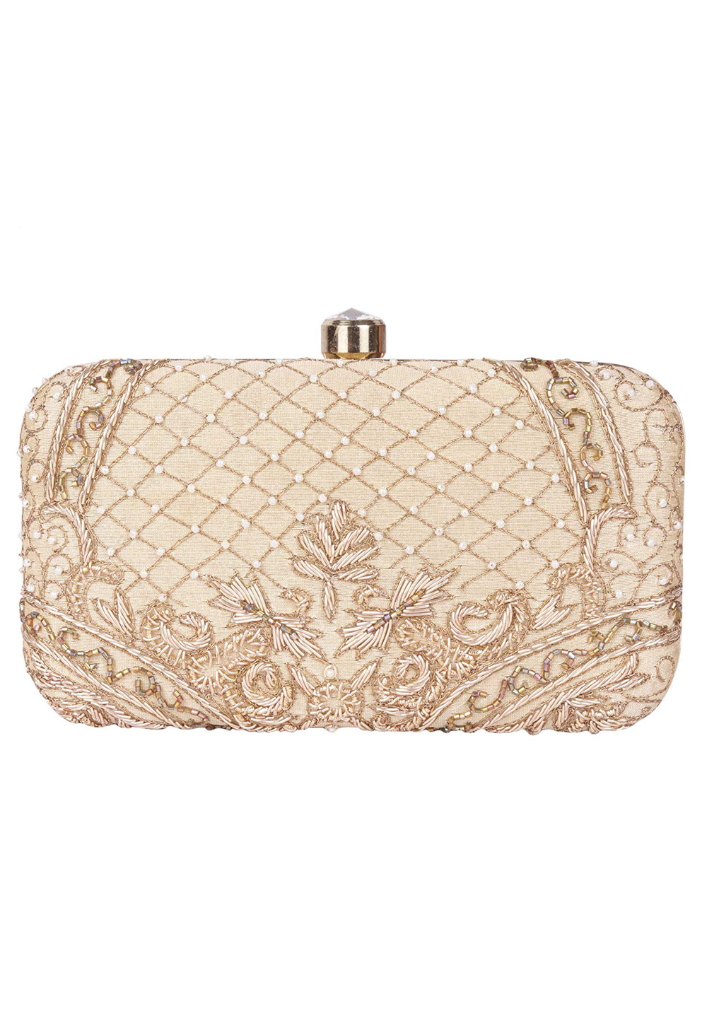 Beige Synthetic Embroidered Clutch 172630