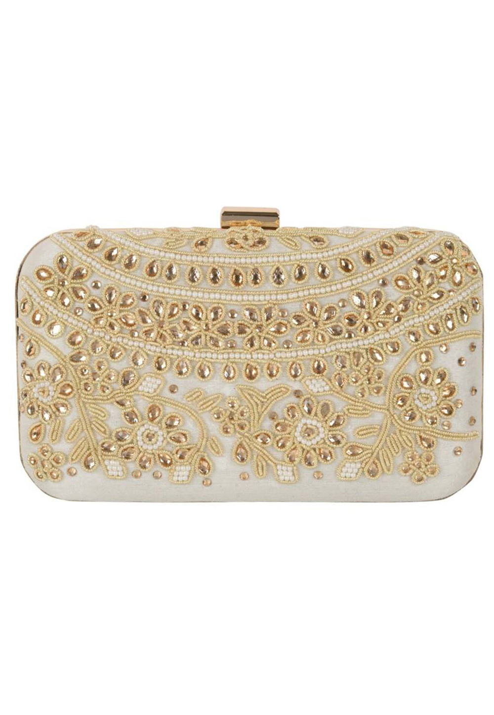 Beige Synthetic Embroidered Clutch 172633