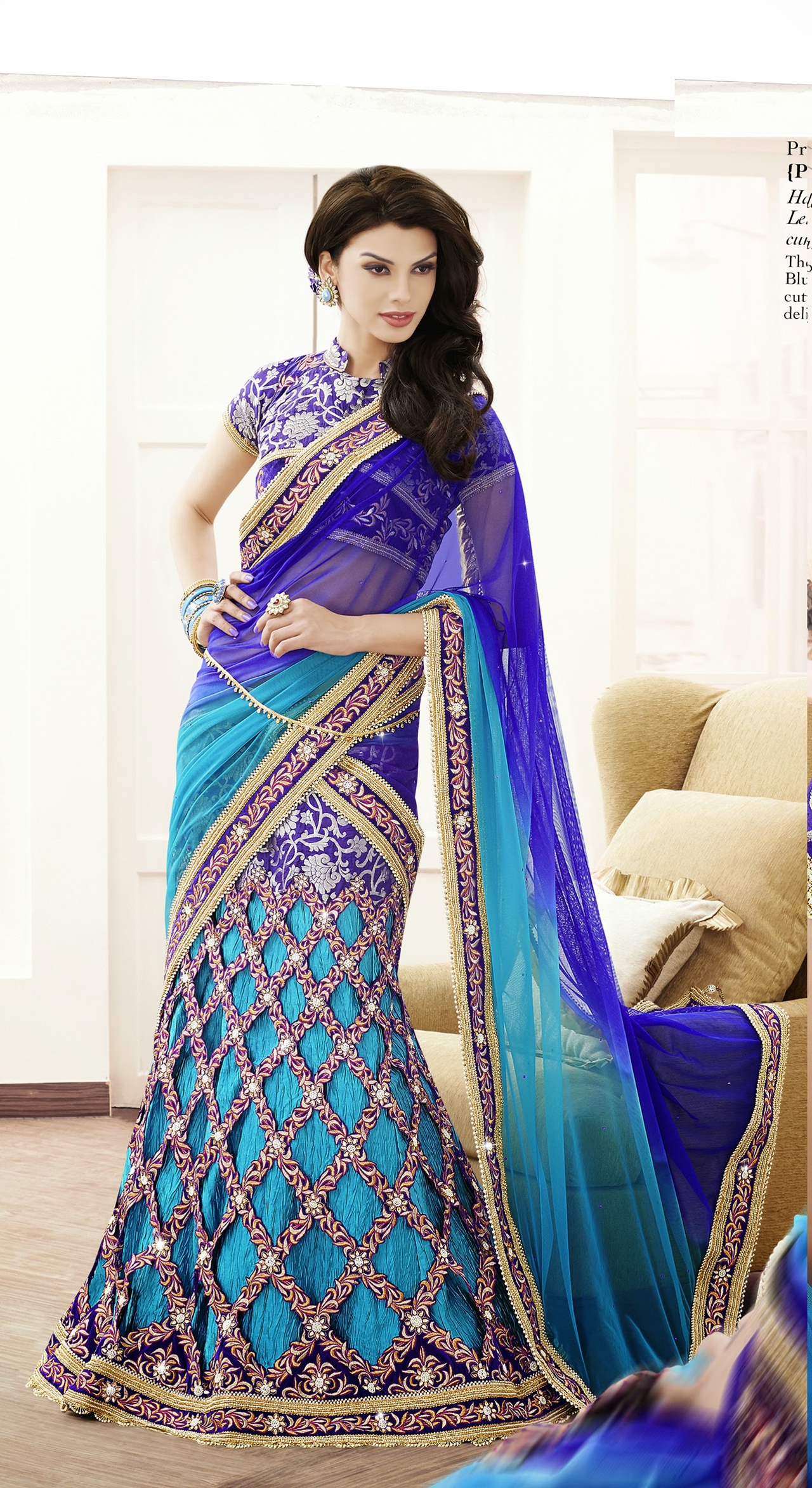 Blue Lace Work Jacquard Wedding Lehenga Saree 34866