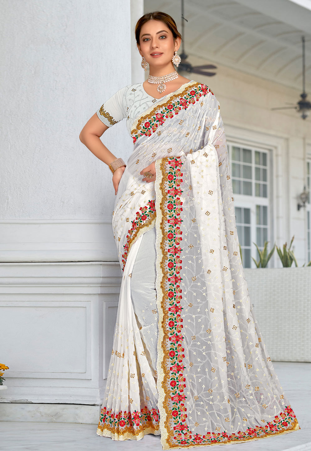 White Georgette Saree With Blouse 250502