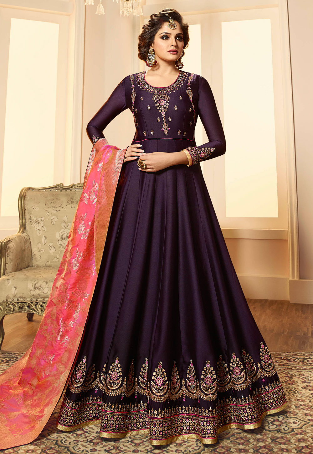 Purple Satin Embroidered Long Anarkali Suit 172184