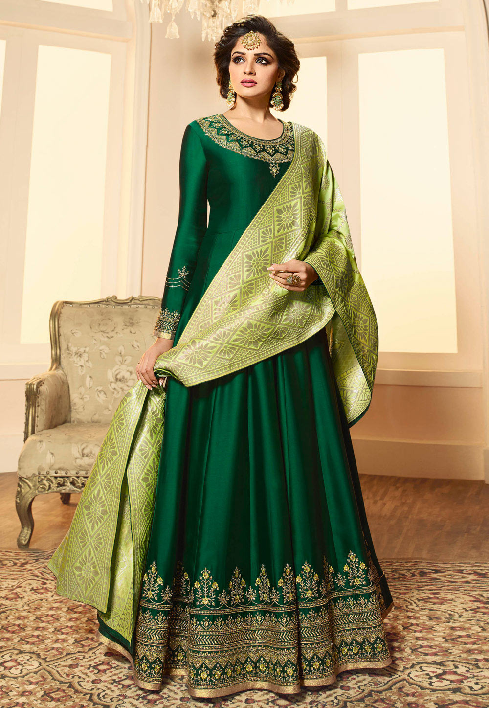 Green Satin Embroidered Abaya Style Anarkali Suit 172185