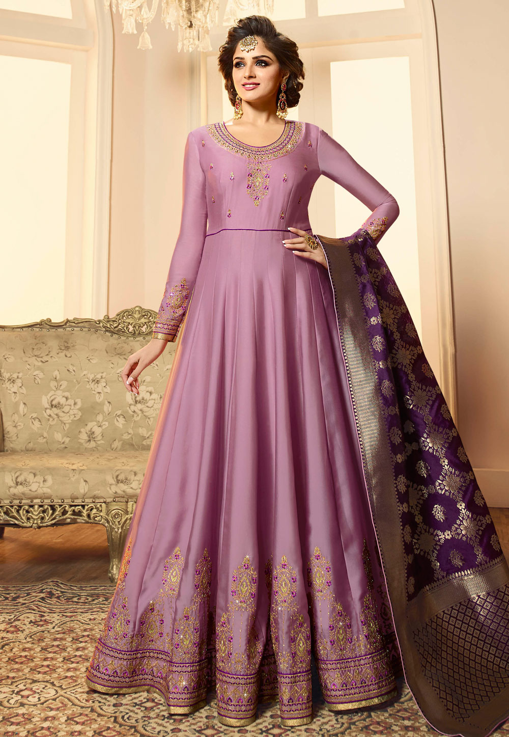 Light Purple Satin Embroidered Long Anarkali Suit 172188