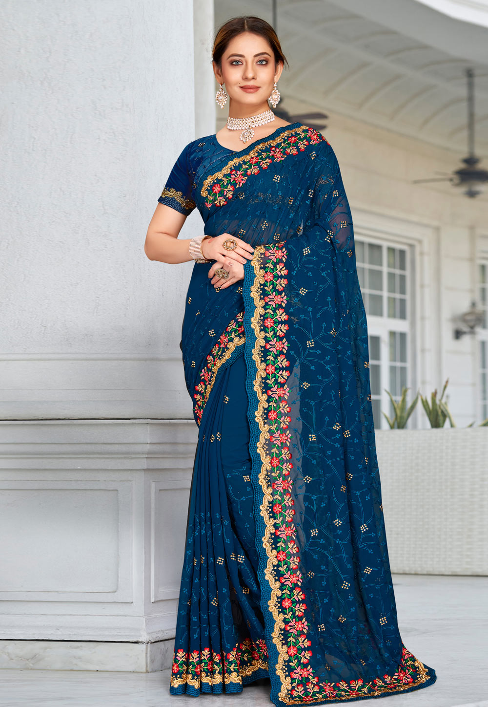 Teal Georgette Saree With Blouse 250507