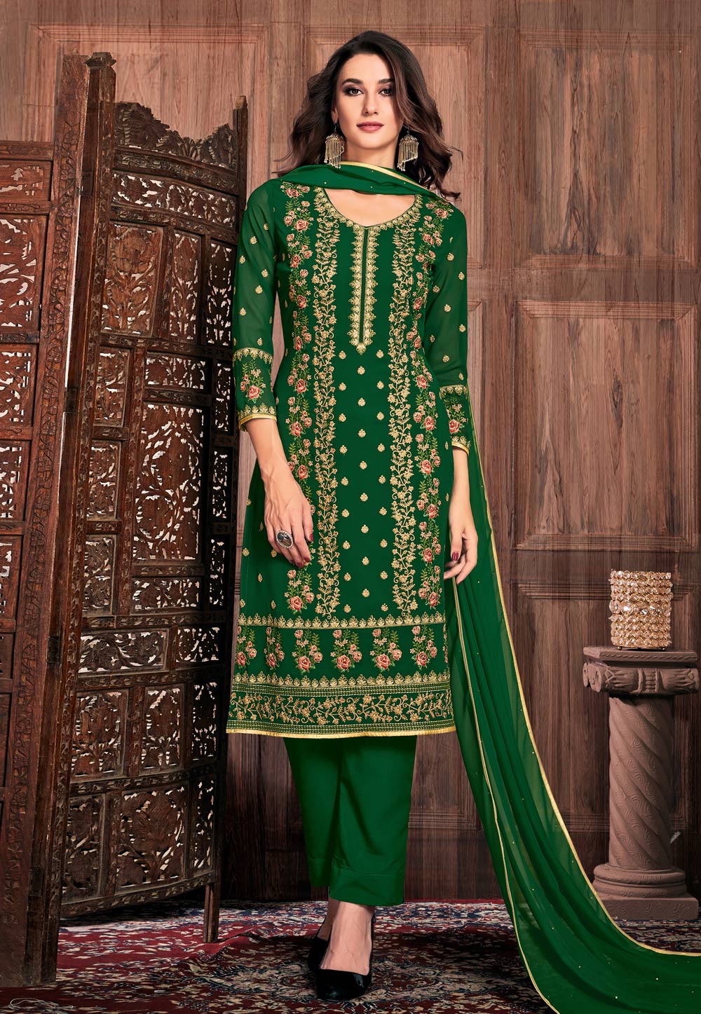 Green Georgette Pant Style Suit 190434