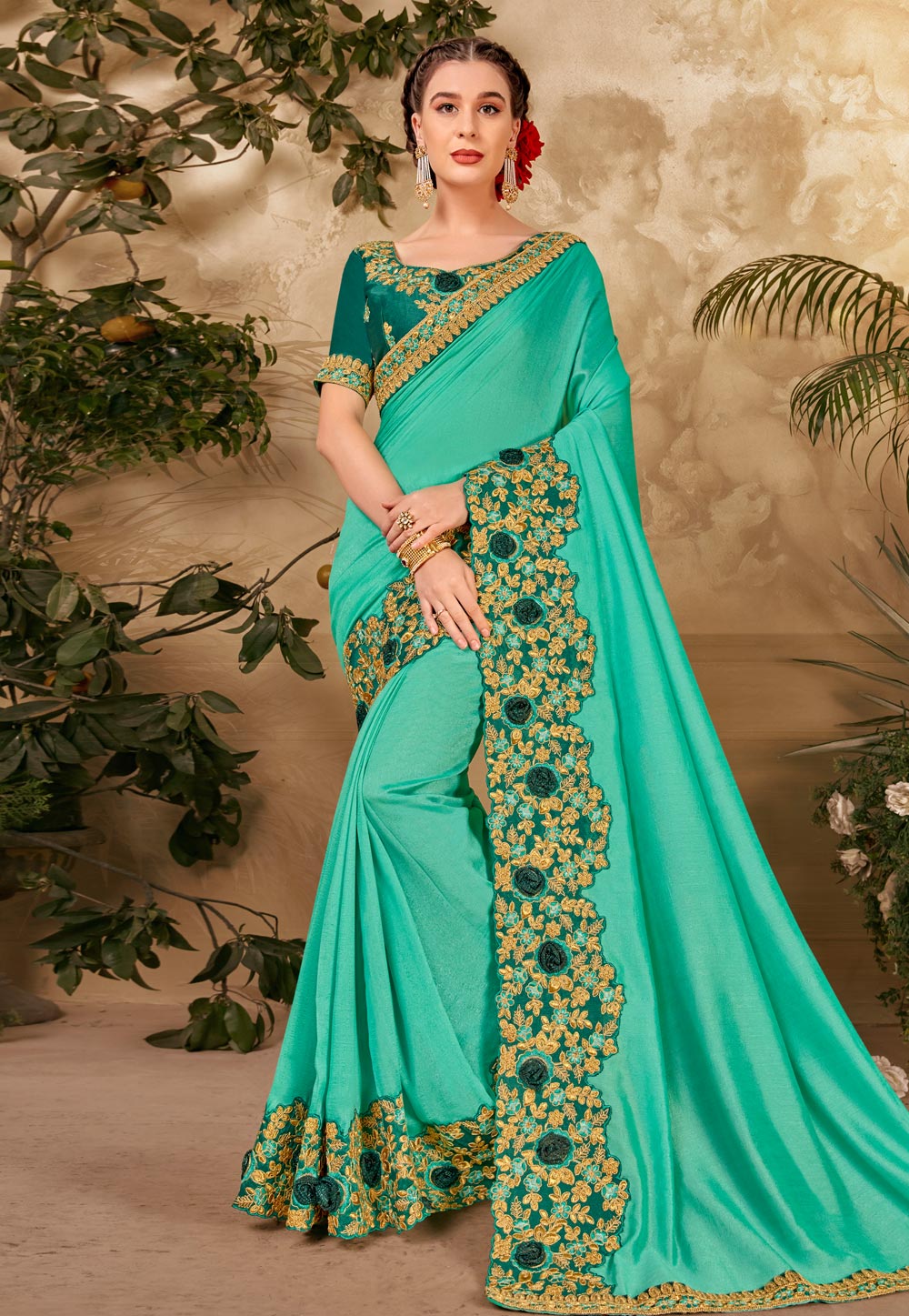 Sea Green Silk Georgette Saree With Blouse 231898