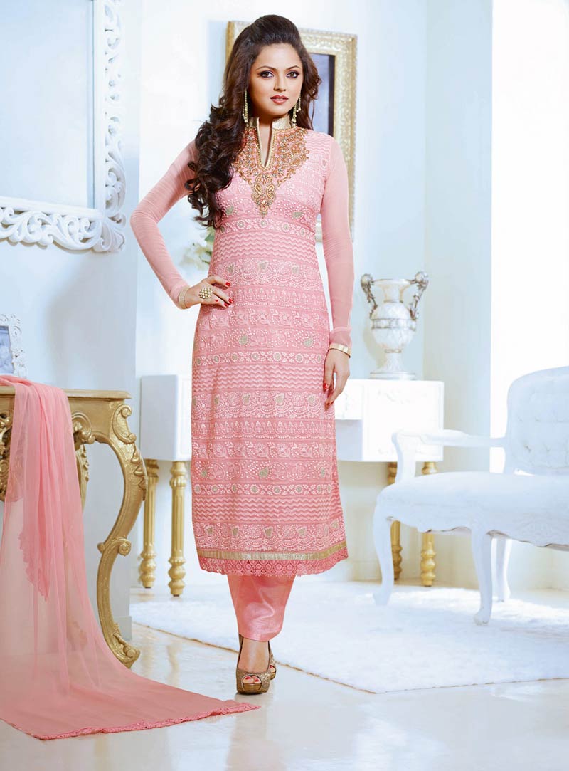 Drashti Dhami Pink Georgette Churidar Suit 57165