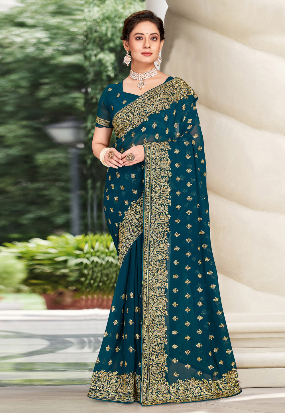 Teal Georgette Saree With Blouse 250867