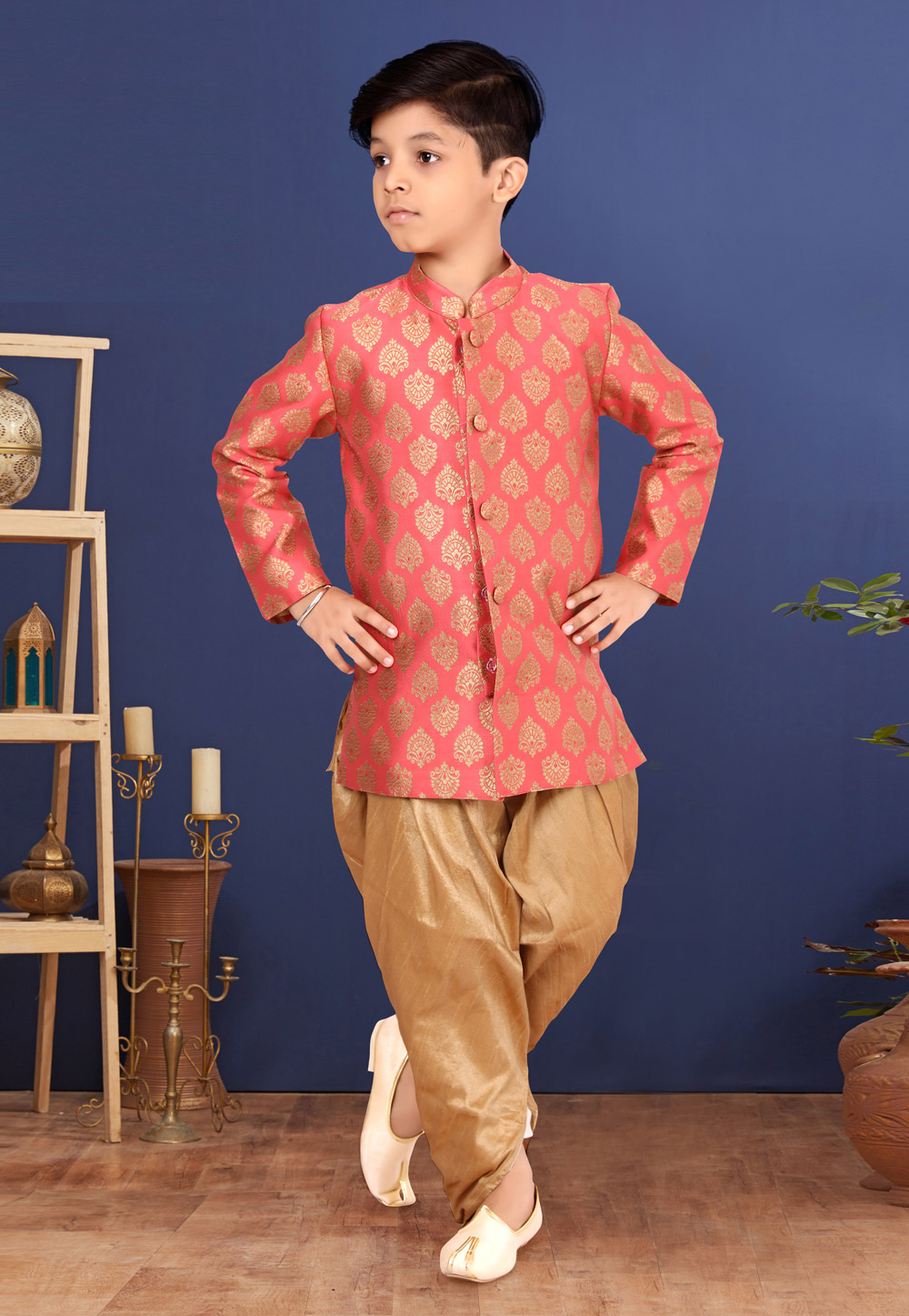 Pink Jacquard Silk Kids Indo Western Suit 271560