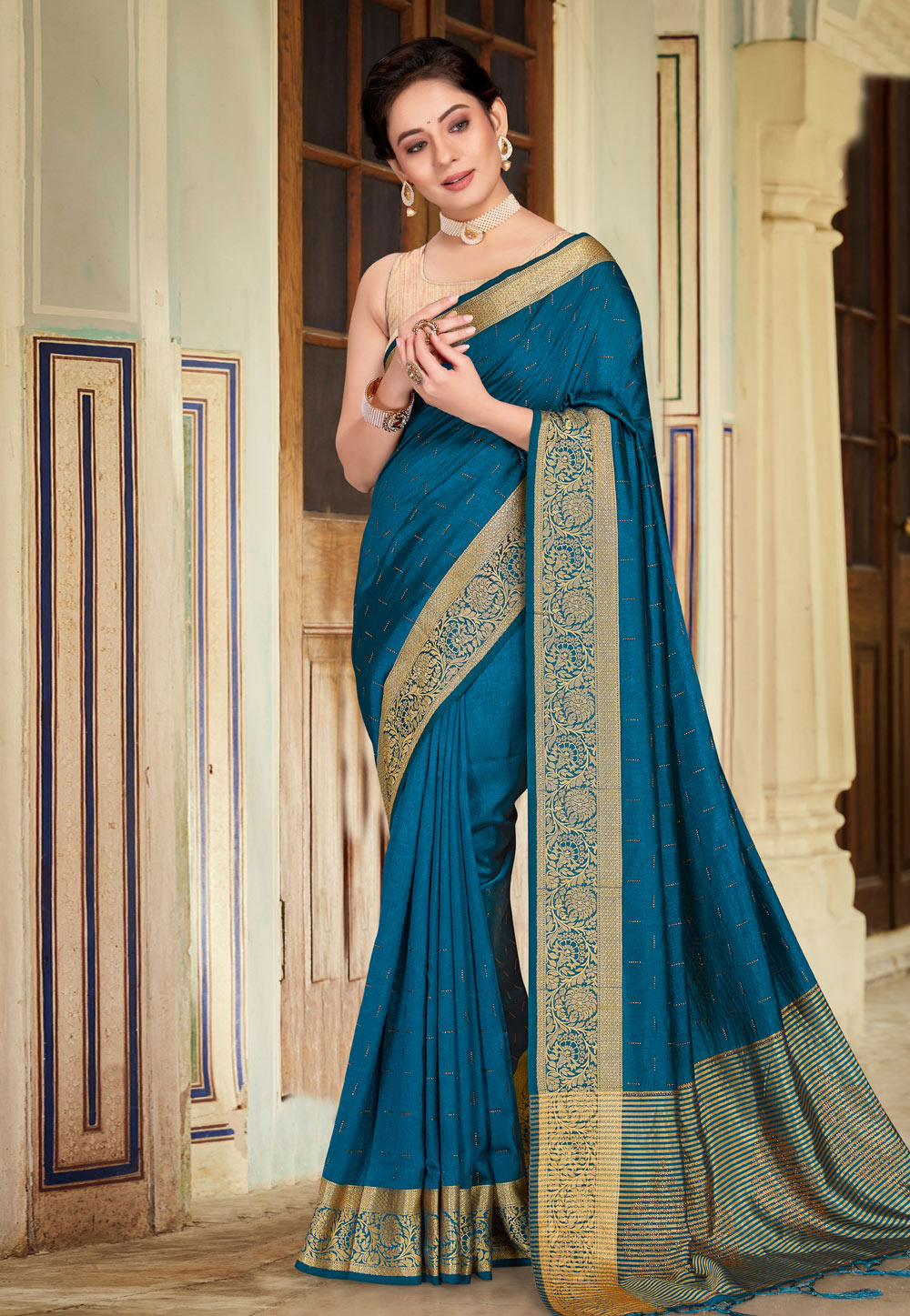 Blue Banarasi Silk Saree With Blouse 250879