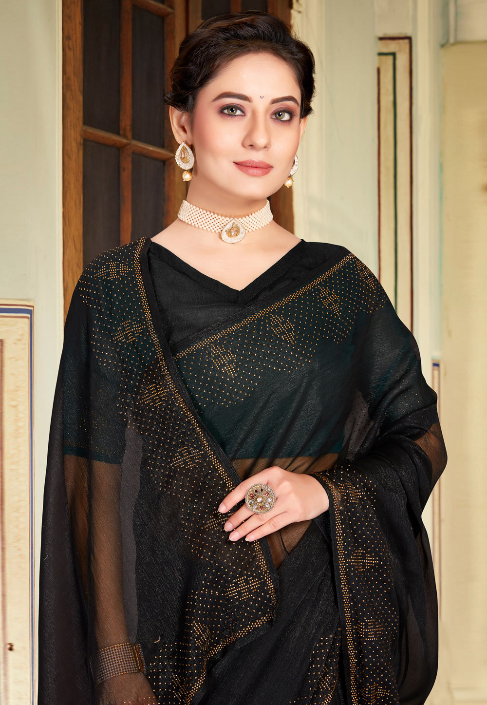 Embroidered Art Silk Shimmer Saree in Black : SCBA4401