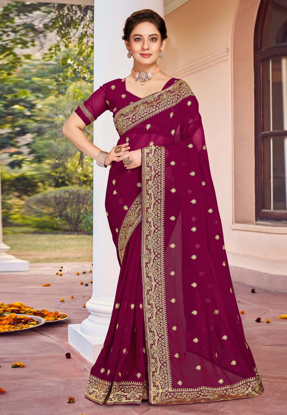 Wine Georgette Saree With Blouse 251108