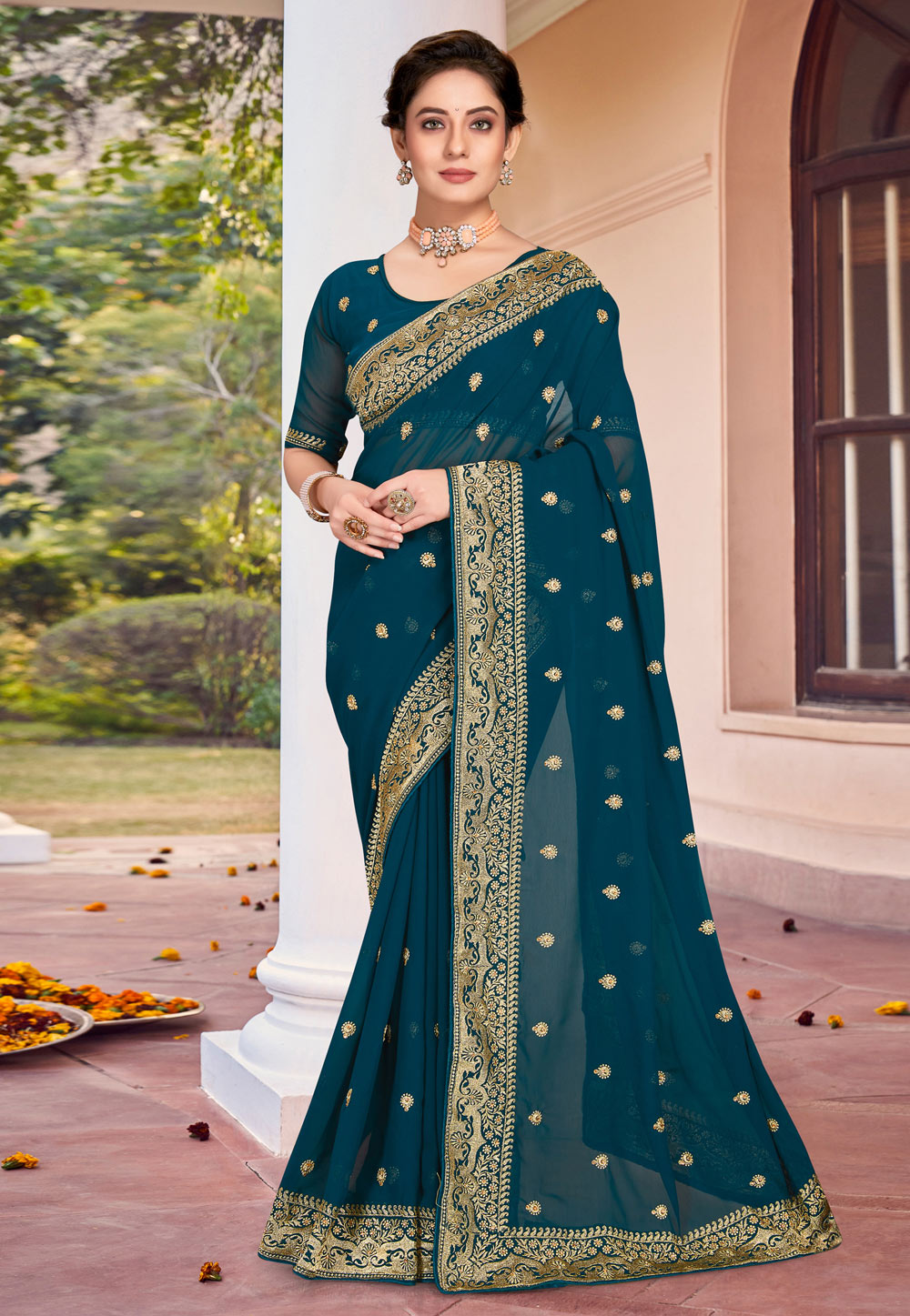 Teal Georgette Saree With Blouse 251109