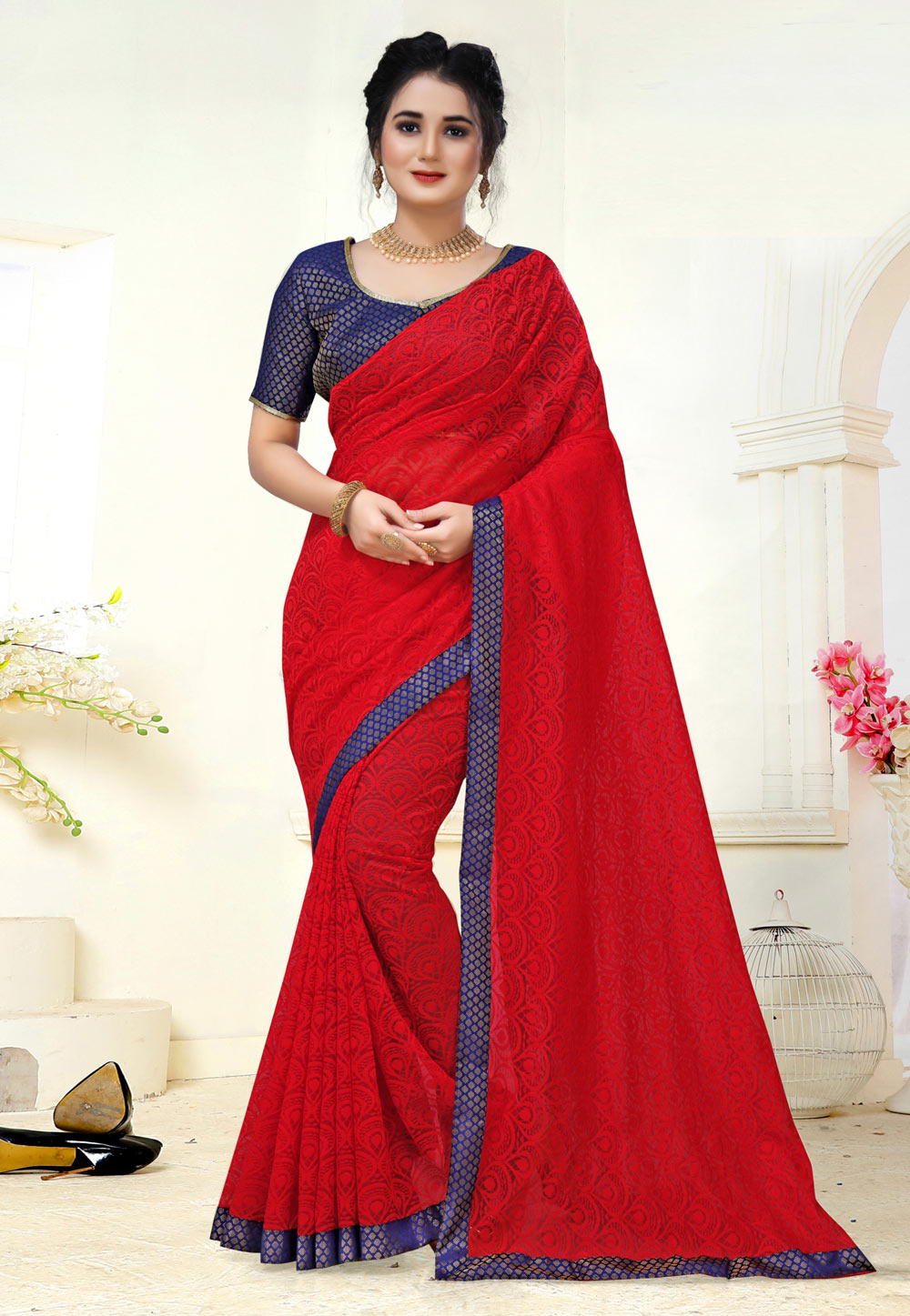 Red Jacquard Saree With Blouse 214609
