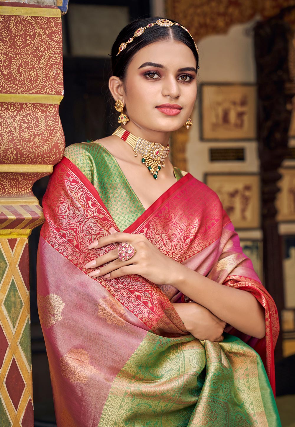 Pink saree with hot sale green jewellery