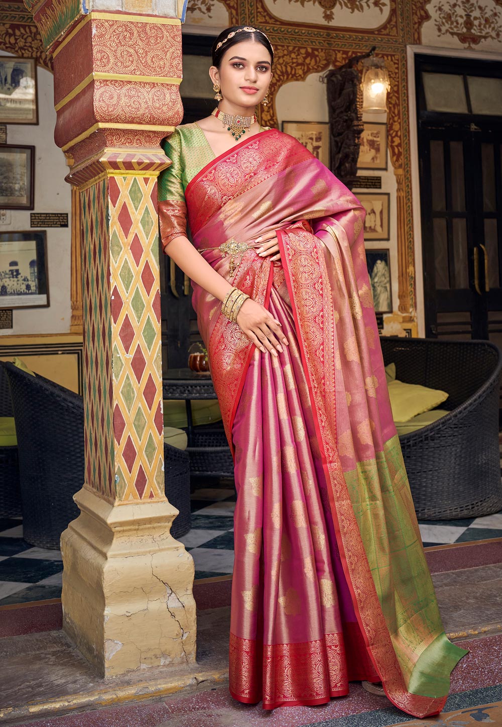 Pink Banarasi Saree With Blouse 256989
