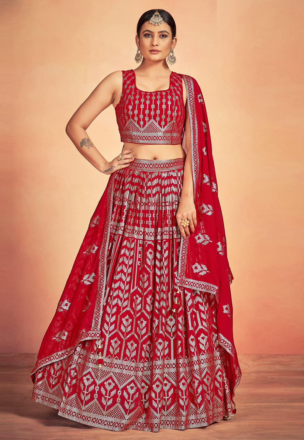 Red Georgette Readymade Circular Lehenga Choli 266393