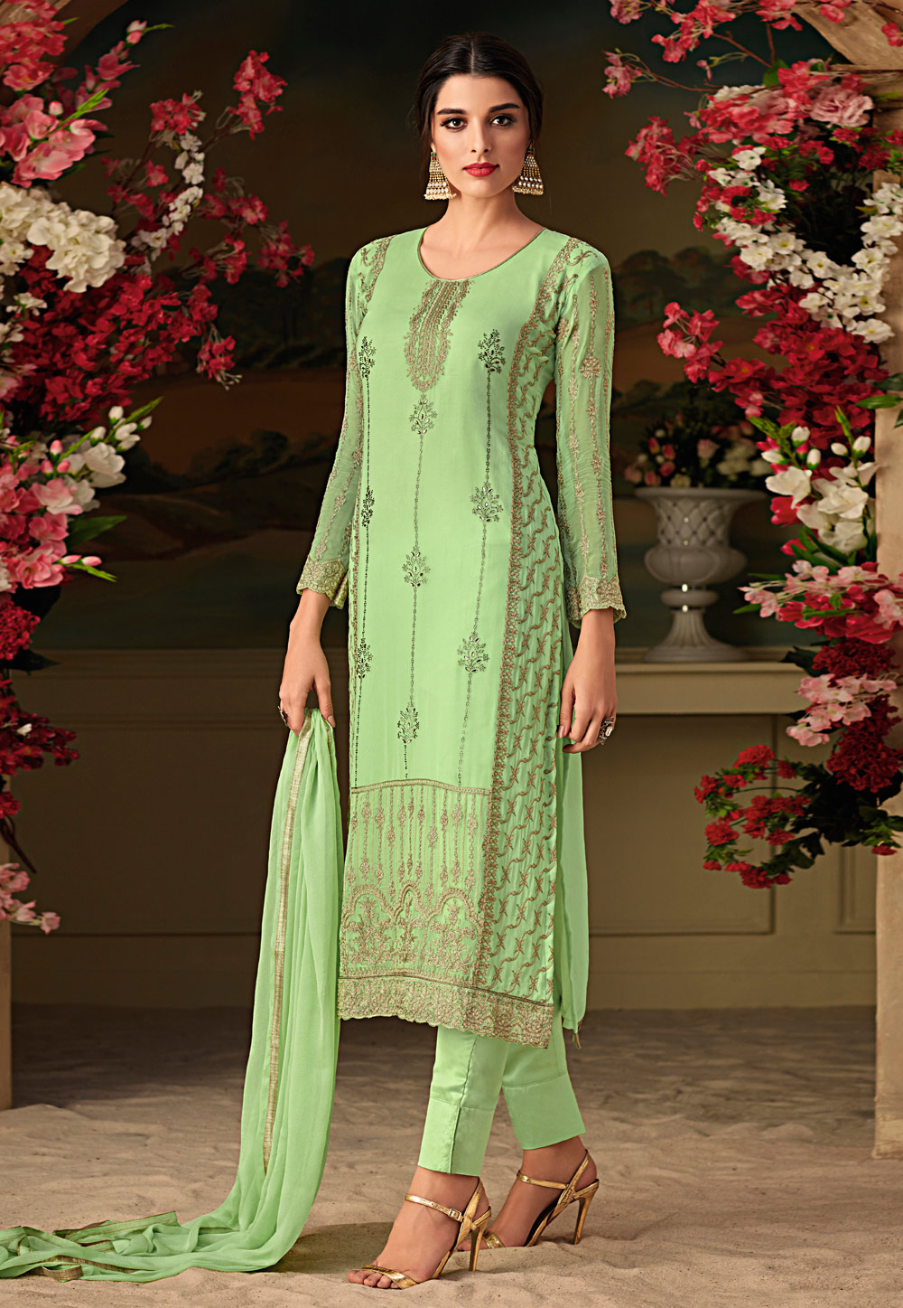 Light Green Georgette Embroidered Pant Style Suit 167049