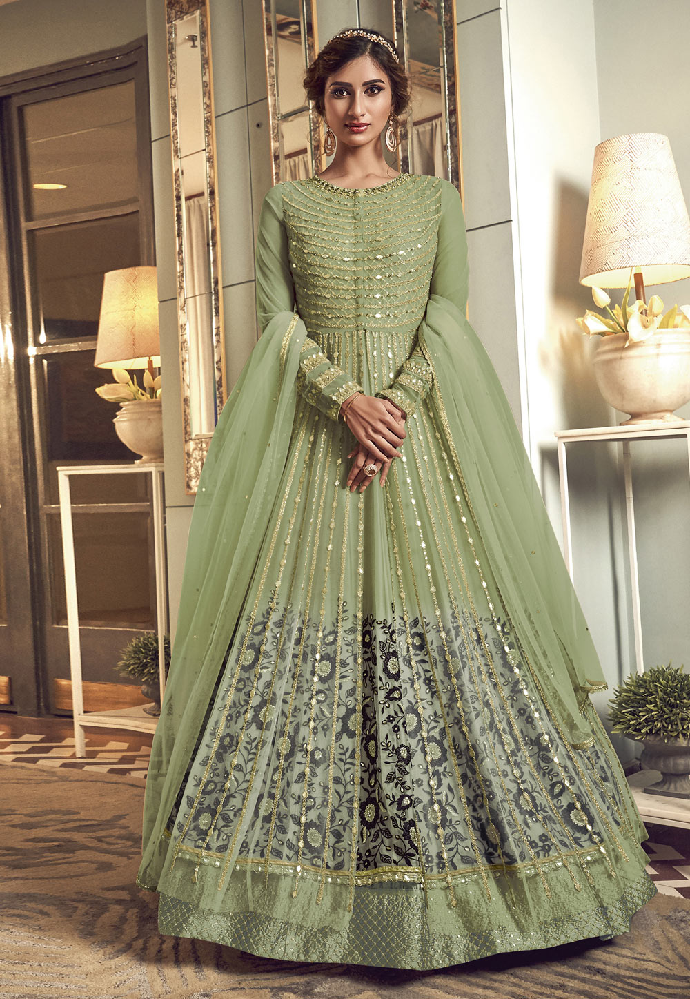 Green Net Embroidered Long Anarkali Suit 217525