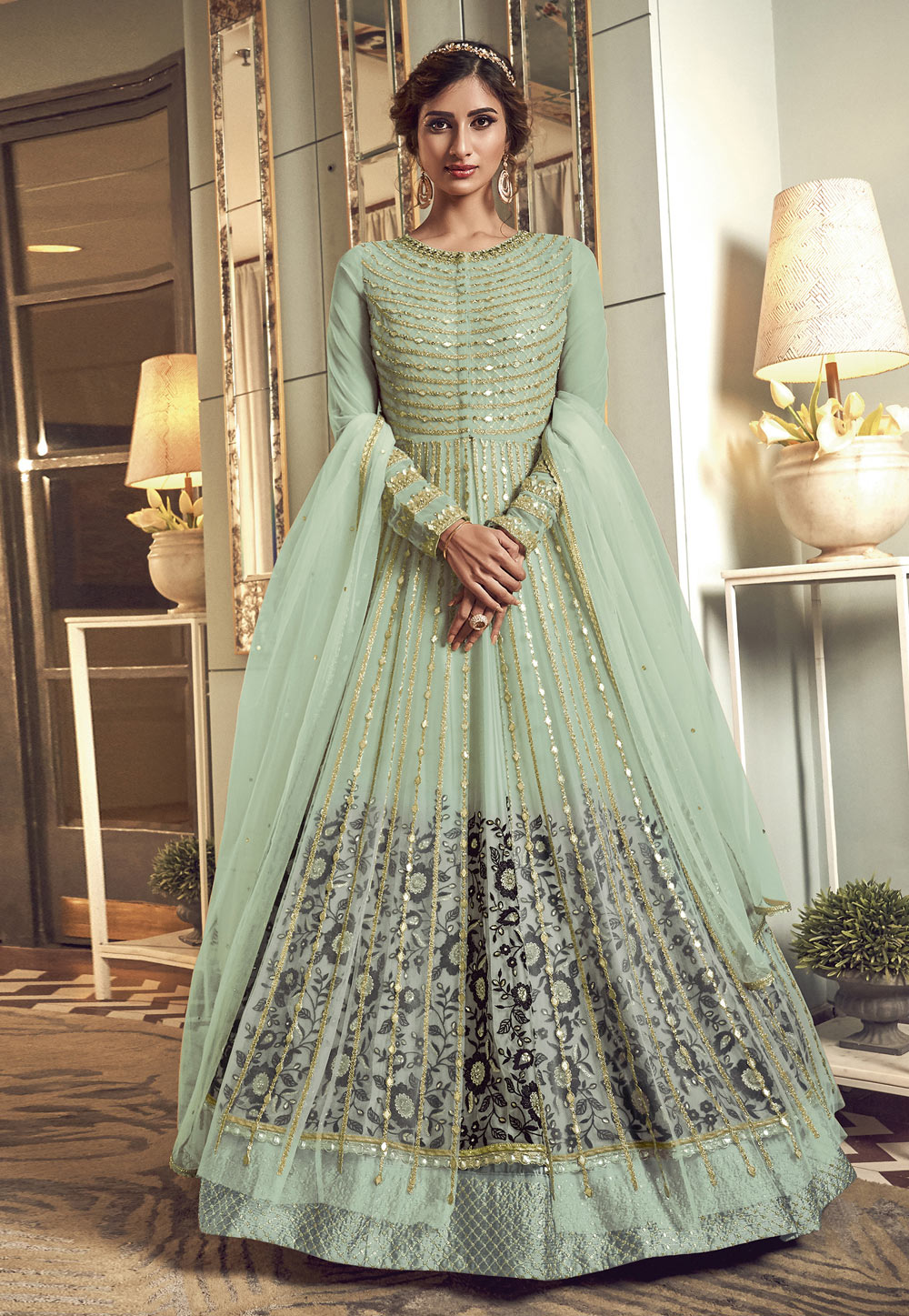 Light Green Net Embroidered Abaya Style Anarkali Suit 217527