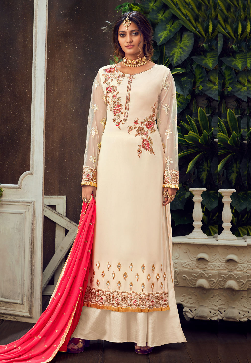 Off White Georgette Kameez With Palazzo 226137