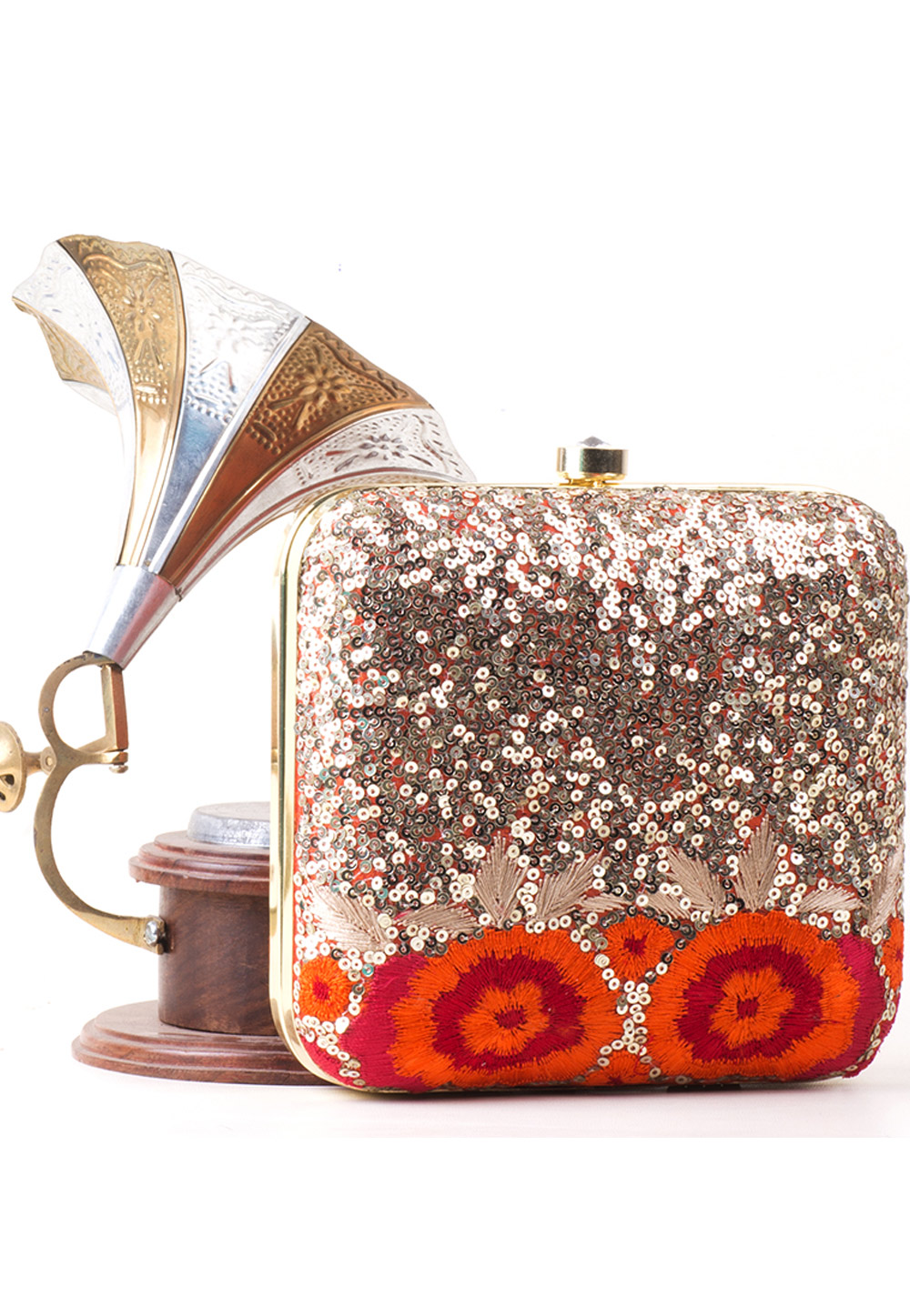 Orange Synthetic Embroidered Clutch 172776