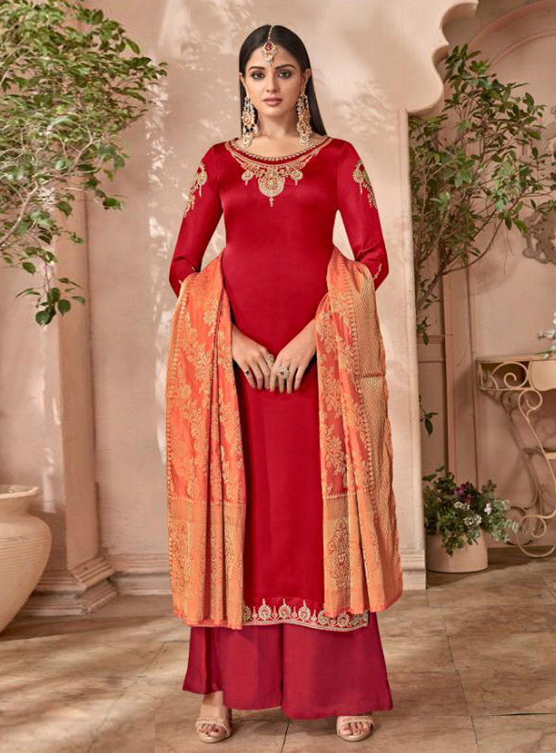 Red Georgette Kameez With Palazzo 147830
