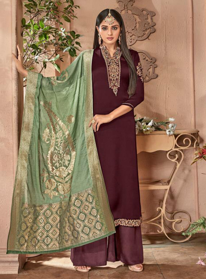 Wine Georgette Palazzo Style Suit 147831