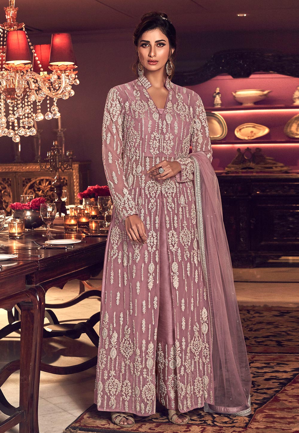 Light Purple Net Embroidered Palazzo Suit 207136