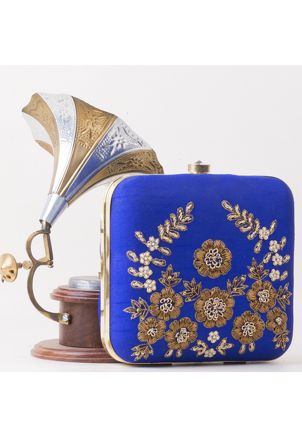 Blue Synthetic Embroidered Clutch 172797