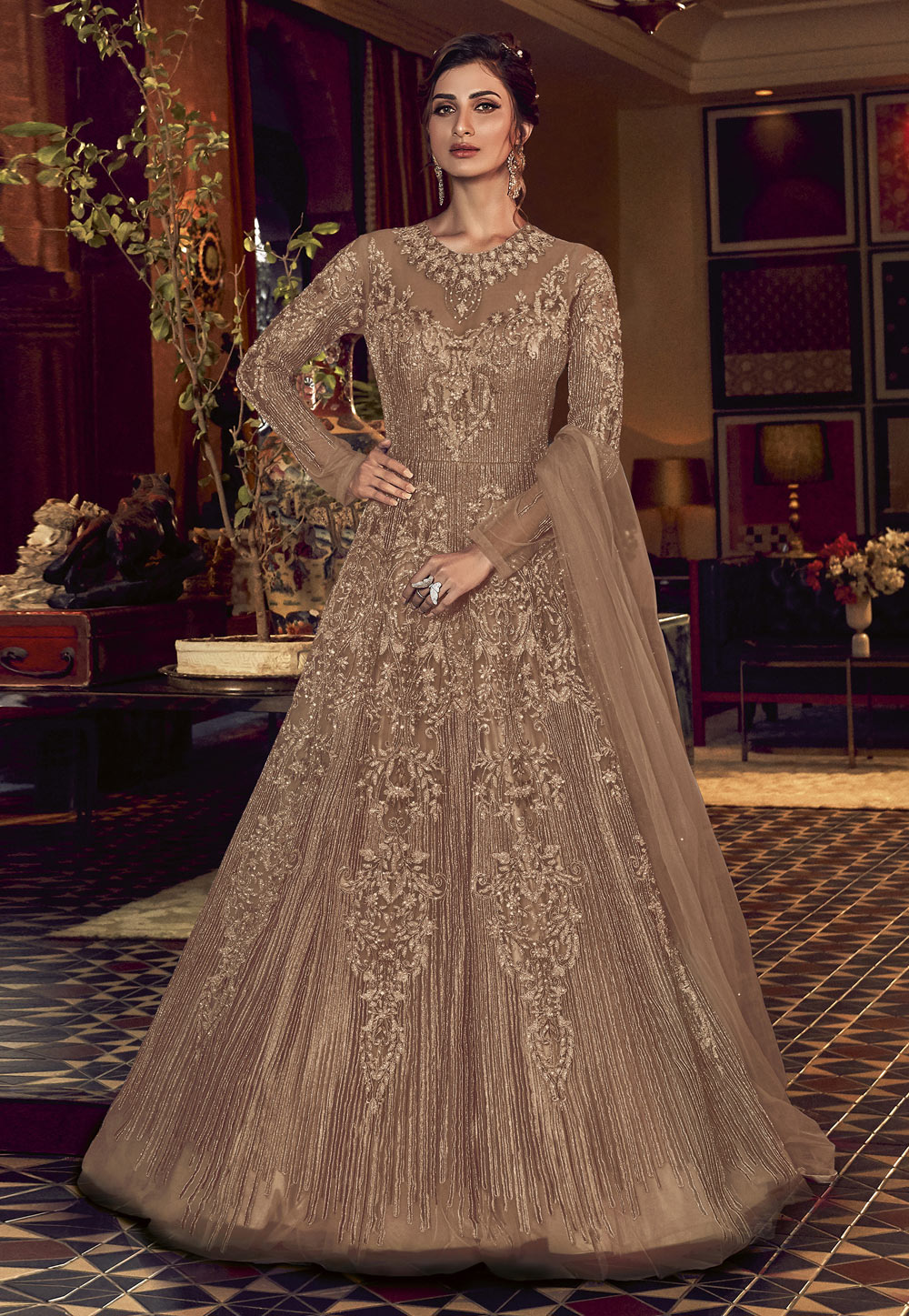 Brown Net Embroidered Abaya Style Anarkali Suit 217528