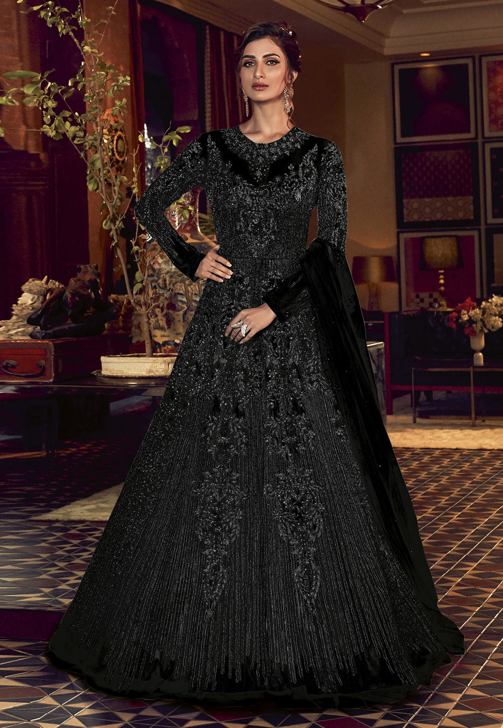 Black Net Embroidered Long Anarkali Suit 217529