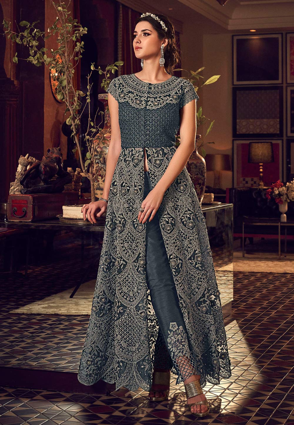 Grey Net Embroidered Pant Style Suit 207141