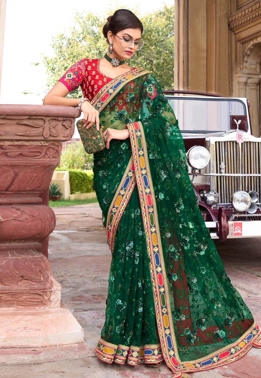 Green Net Saree With Blouse 254734