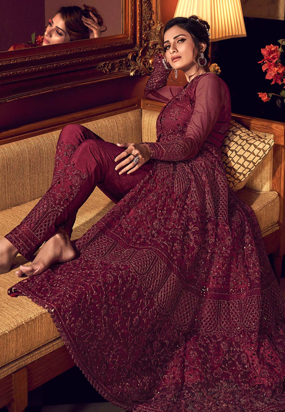 Magenta Net Embroidered Pant Style Suit 207144