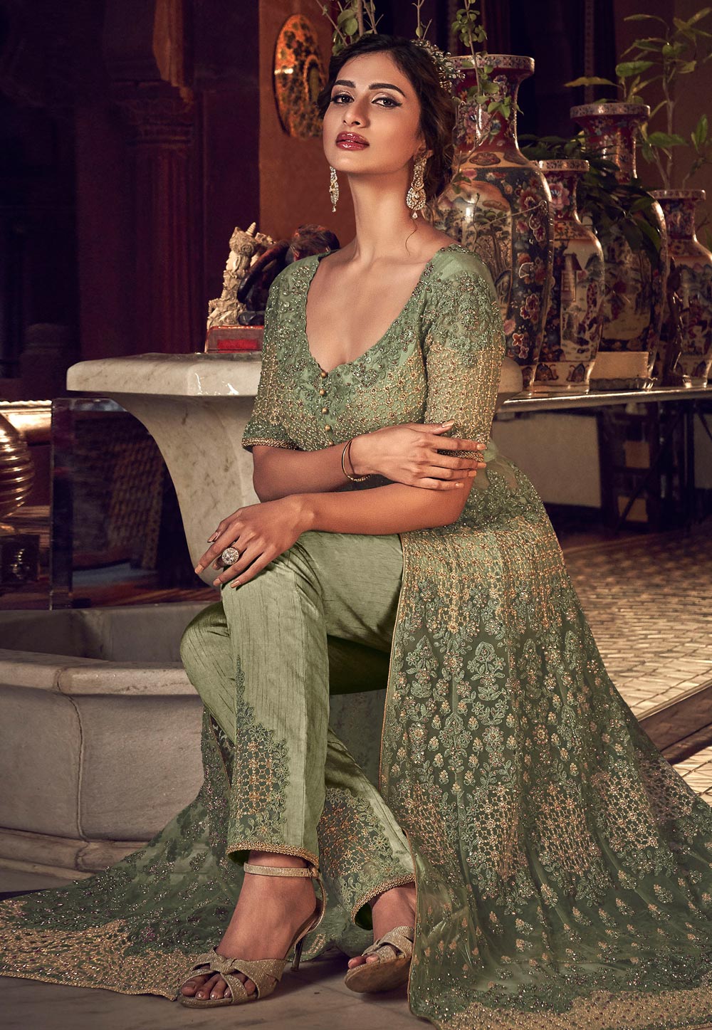 Light Green Net Embroidered Pant Style Suit 207146