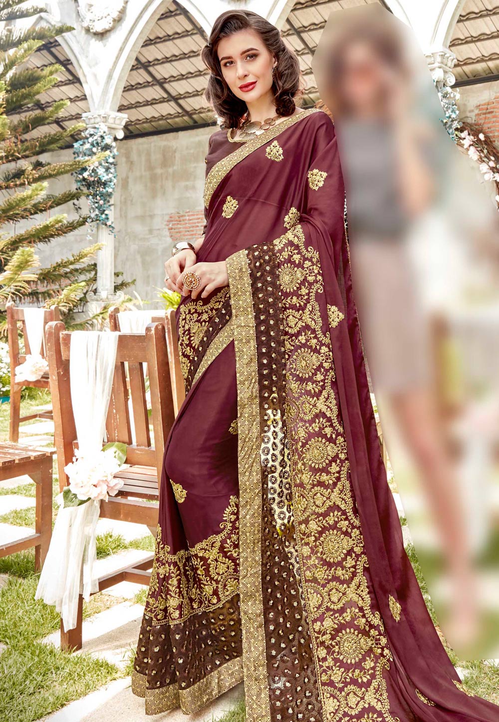 Wine Georgette Embroidered Saree With Blouse 172961