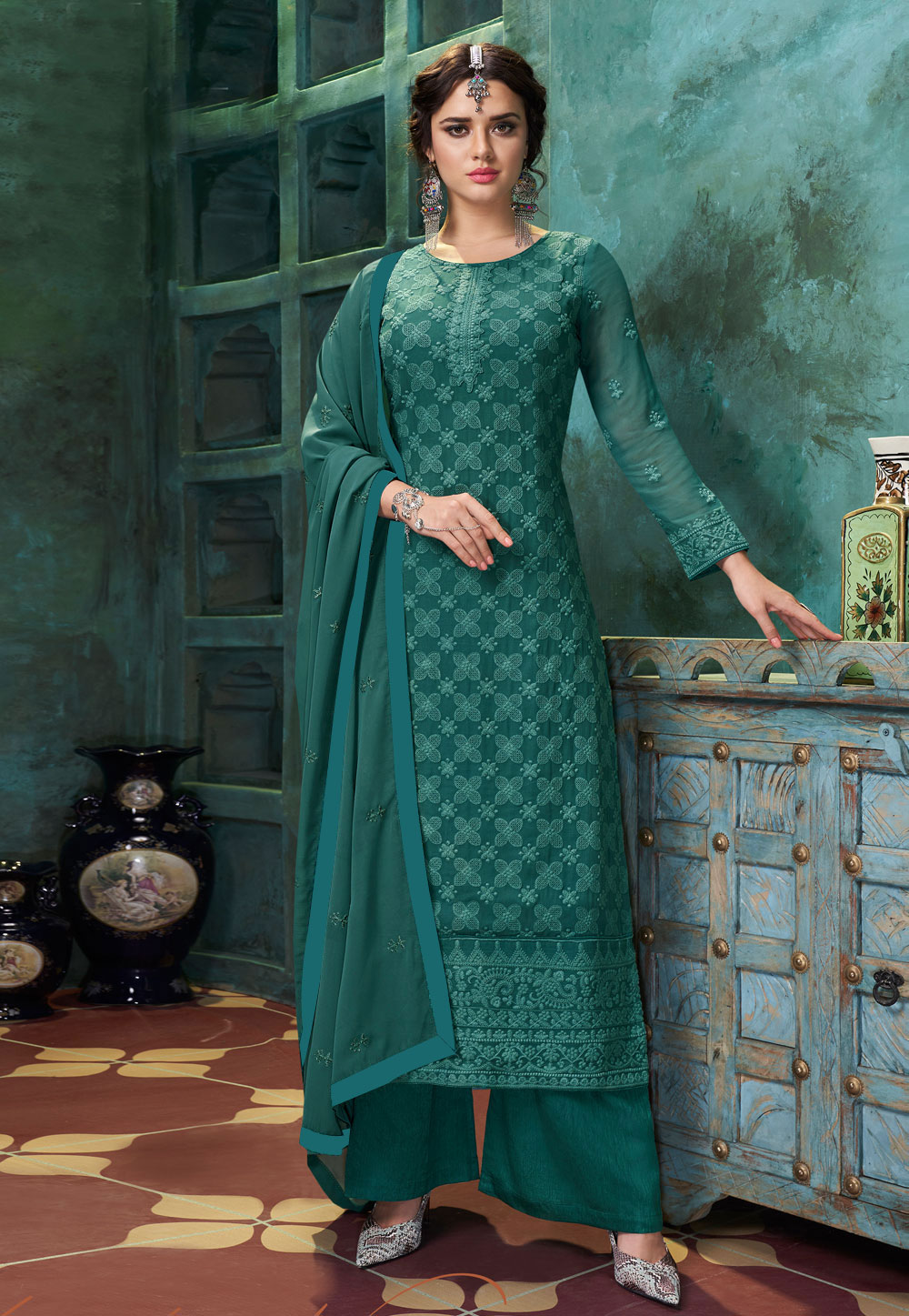 Sea Green Georgette Readymade Palazzo Suit 210340
